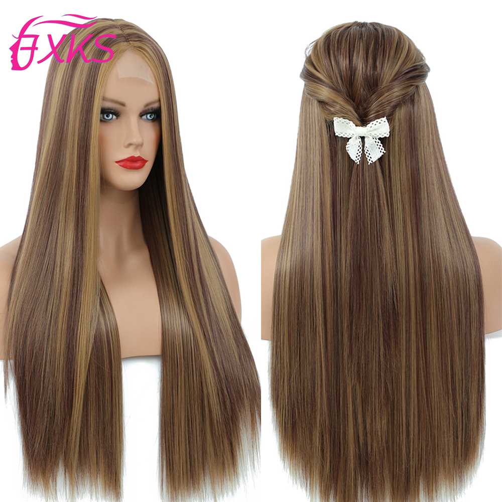 速发Brown Highlight Long Straight Synthetic Lace Wigs 99J Gr