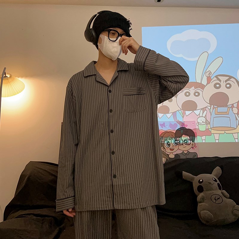 情侣睡衣女春秋款韩版高级感条纹纯棉长袖男士大码简约家居服套装