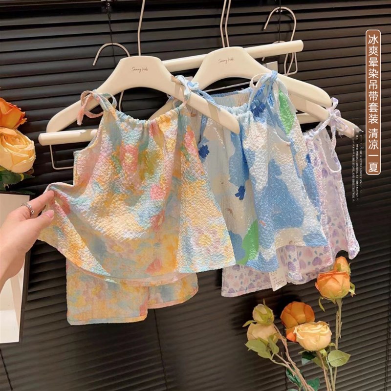 现货夏季新款晕染油画风吊带w套装女童洋派碎花背心裙裤网红宝宝