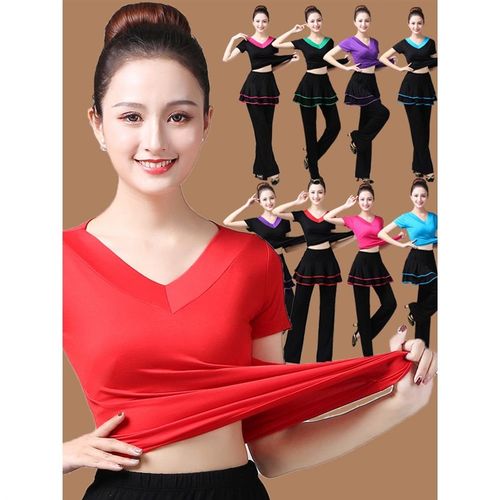 广场舞服装新款黑色短袖上衣舞蹈服夏季跳舞衣服瑜伽大码练功服女
