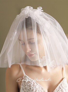 V802森系超仙领证旅拍登记新娘求婚小头纱 白色花朵短款软纱头饰