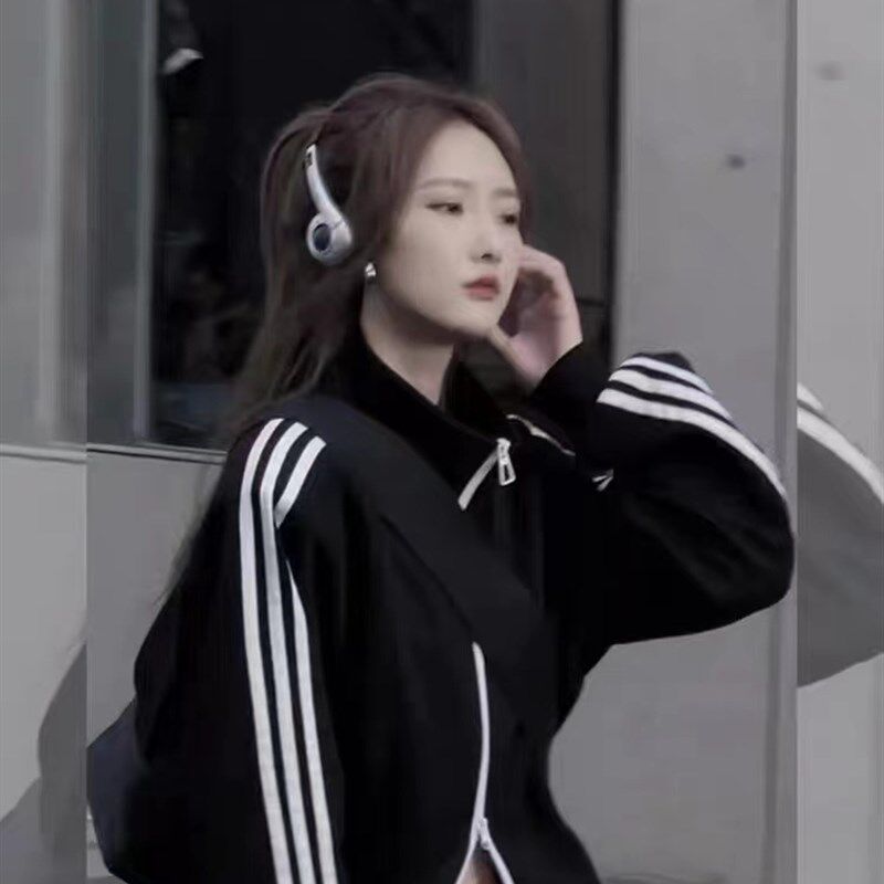 2023秋季g三条杠运动服女外套韩版大码开衫棒球服美式休闲夹克