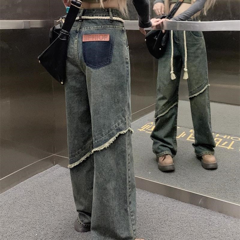 毛边做旧复古牛仔裤女装秋季小个子宽松高腰直筒阔腿裤子拖地长裤