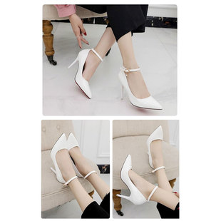 35-45码 工作职业皮鞋黑色高跟鞋细跟尖头N一字扣带单鞋胖宽大码