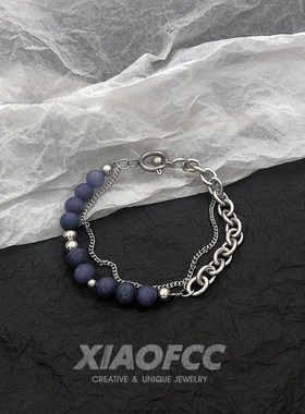 克莱因蓝高级感手链男女ins气质小众设计钛钢链条拼接精美手饰品