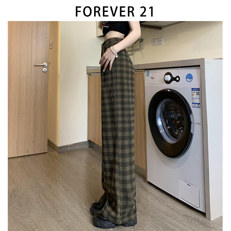 Forever21高腰格子休闲裤女2023秋冬新款显瘦遮肉慵懒拖地长裤子