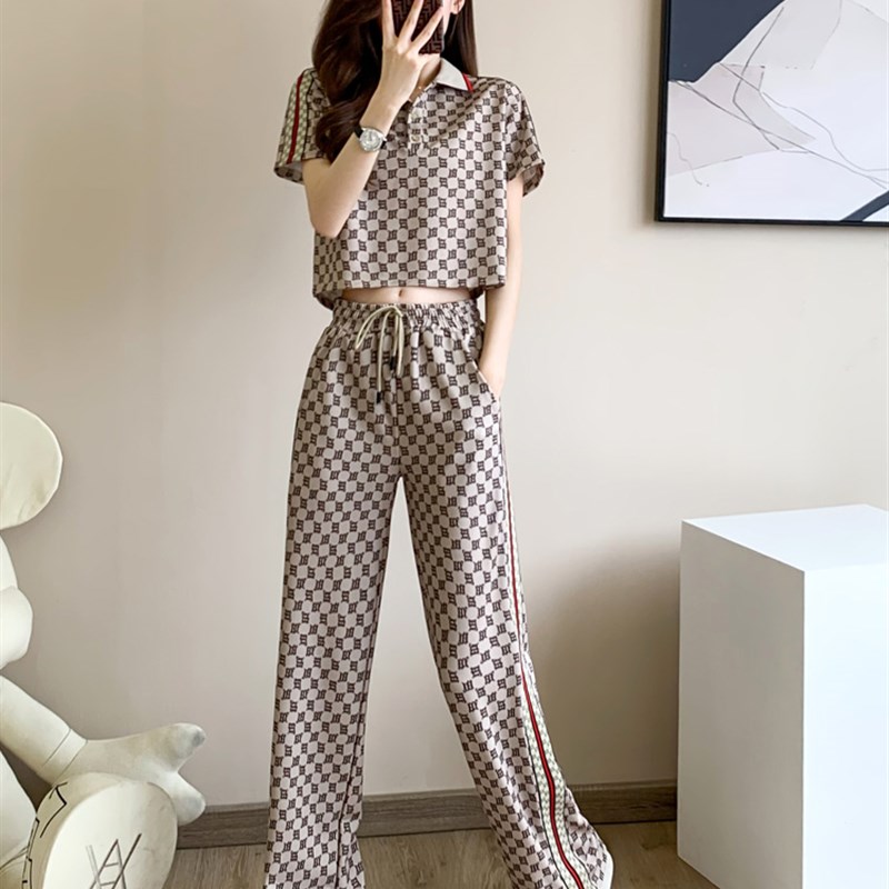 欧洲站时尚休闲运动套装女2023年夏季新款网红炸街阔腿裤两件套潮