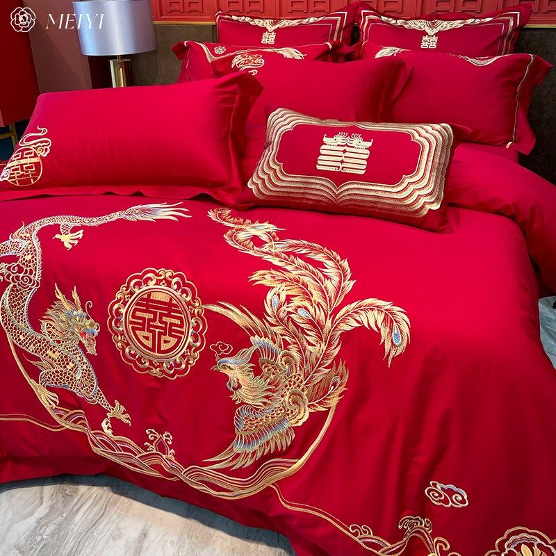 新中式结婚四件套龙凤喜被刺绣新婚大红色喜庆六件套婚庆床上用品,床上用品,婚庆床品套件,淘宝优惠券,粉丝福利购,淘宝优惠卷