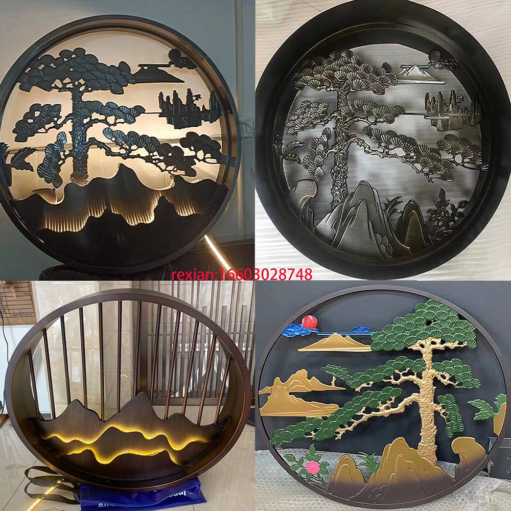 现货圆形嵌入不锈钢玄关铝浮雕祥B云庭院假山景墙镂空新中式迎客