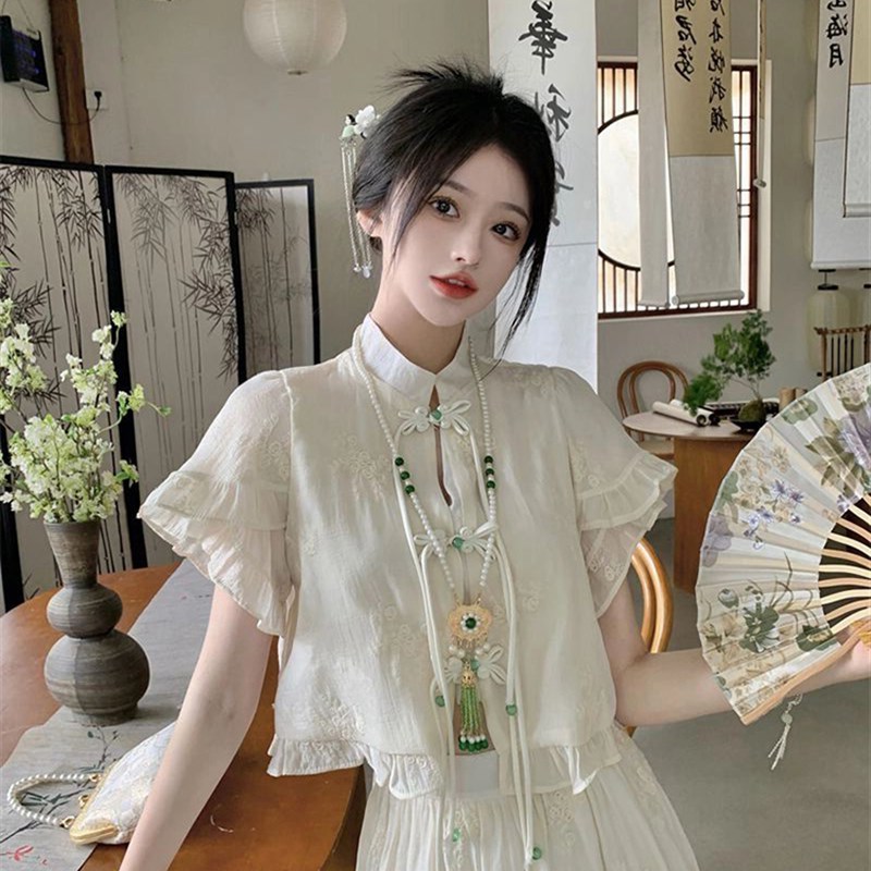 气质名媛高端新中式国风茶里茶气精致绝美盘扣上衣两件套装裙女夏
