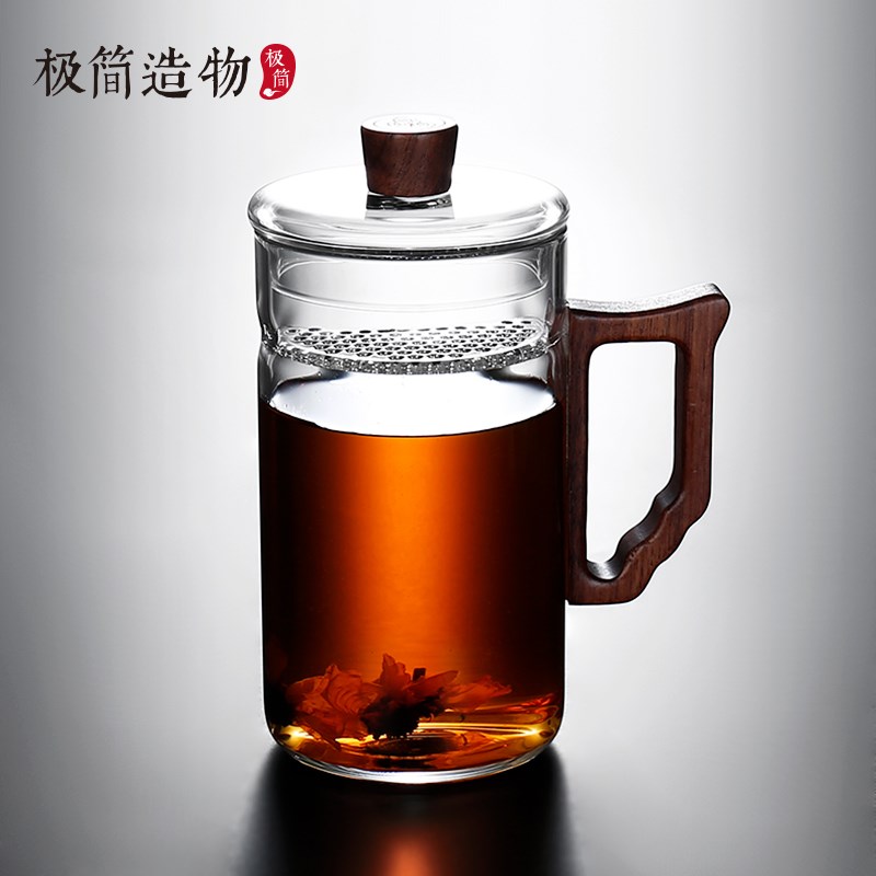带把月牙过滤绿茶杯玻璃茶y杯家用办公杯耐高温喝茶杯个人
