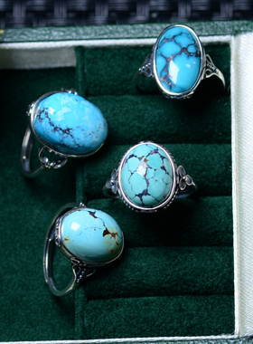 捡漏湖北天然绿松石戒指女925银镶嵌蛋面男款原矿高瓷蓝绿松指环