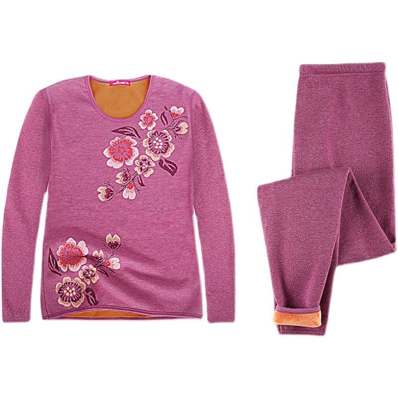 老年人保暖内衣加绒加厚妈妈爸爸奶奶套装老人圆领宽松秋衣秋裤女