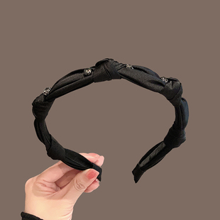 韩国新款高级感绸布水钻打结w发箍气质复古法式发箍外出百搭发夹