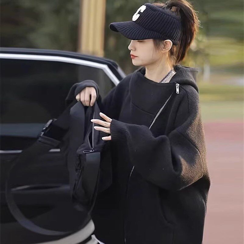 欧货黑色连帽运动衫外套女2023秋冬新款高级感加绒加W厚拉炼开衫
