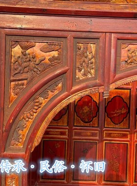 民俗怀旧老物件老木床鎏金雕刻拔步床老千工床民宿古镇景区装饰品