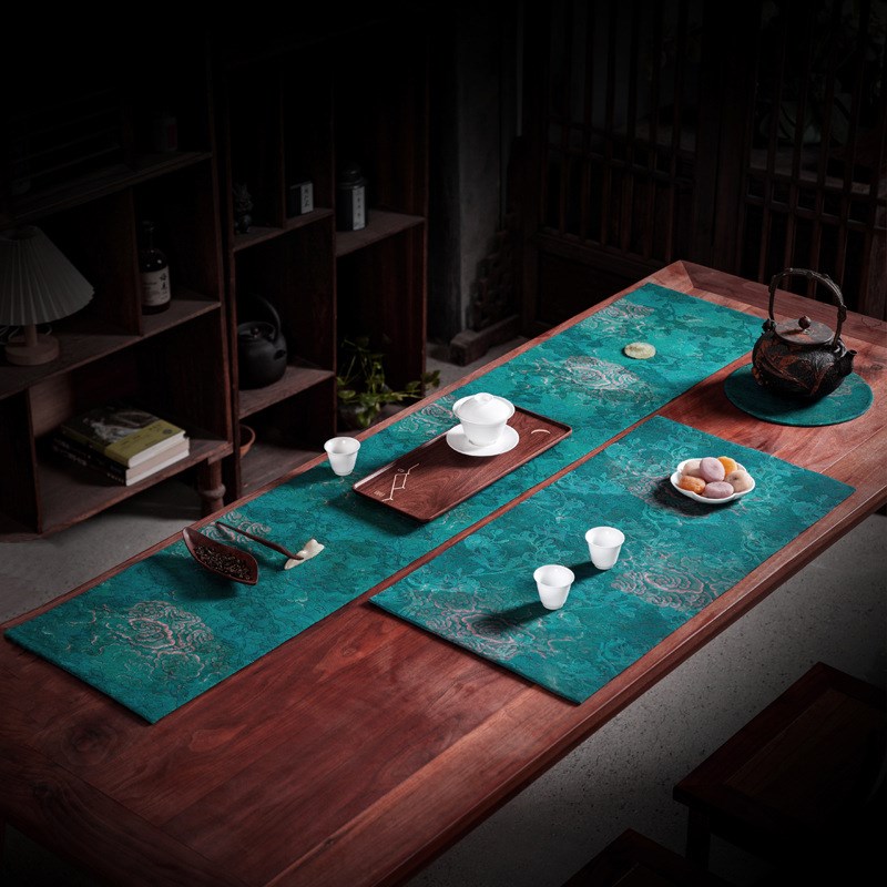 香云纱茶席桌旗中式禅意云锦提花水纹茶室茶空间陈设桌布双面防水