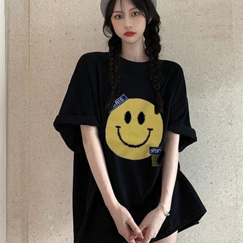 潮牌设计感黑色笑脸印花短袖t恤女2023夏宽松大码休闲中长款上衣