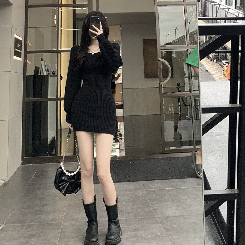 针织连衣裙女秋i冬长袖内搭紧身小个子辣妹黑色裙子性感毛衣包臀