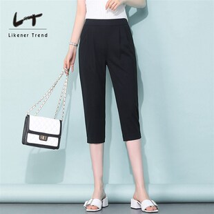 LT女裤夏季薄款宽松直筒冰丝高弹哈伦H小脚裤大码裤子女七分裤子