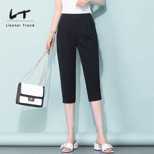 LT女裤夏季薄款宽松直筒冰丝高弹哈伦H小脚裤大码裤子女七分裤子