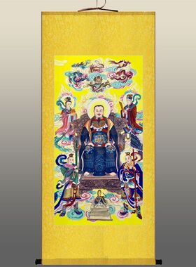 真武大帝图画像 玄天桃花女周公水火二将神像画 绢布卷轴挂画