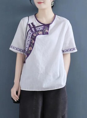 2024夏装新款民族风复古宽松棉麻t恤女汉服改良亚麻斜襟盘扣上衣