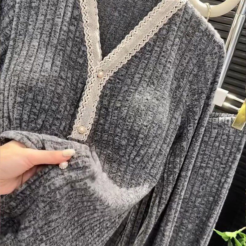韩版宽松带胸垫加绒睡衣女冬大码显瘦V领气质时尚网红家居服套装
