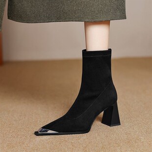 绒面7cm粗跟尖头弹力瘦瘦靴女秋冬短靴法式 马丁单靴高跟及踝裸靴