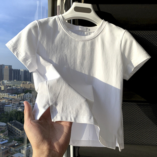 2023D新款 宽松小个子短款 t恤女夏季 正肩半袖 上衣 薄款 白色纯棉短袖