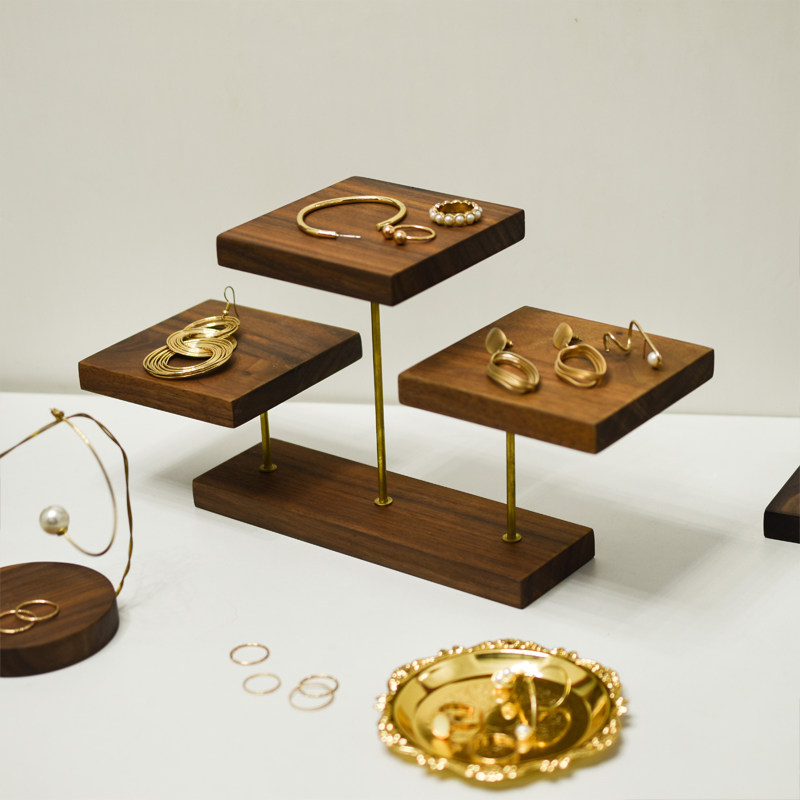 胡桃木饰品展示架摆摊 耳环架子首饰珠宝展示台托盘 摄影拍照道具