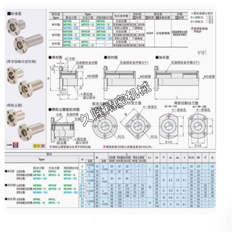MFKS6 8 10 12 16 20 25 30 35 40 50无油衬套方法兰型固定座组件