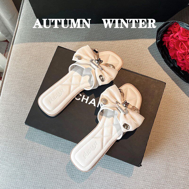 潮牌时尚平底凉拖女夏季外穿2024年新款一字拖高级感蝴蝶结拖鞋