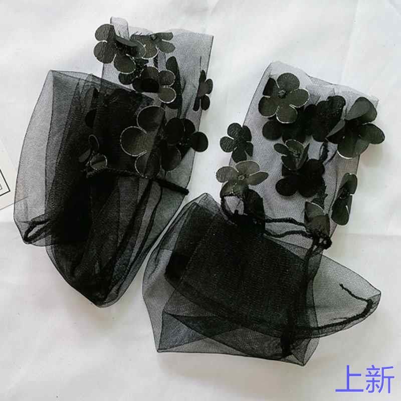 蕾丝袜子日系甜美堆堆袜女春薄款夏季透明网纱手工缝花朵仙女新款