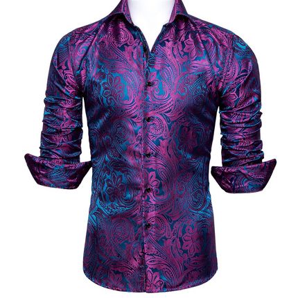 极速Barry.Wang Luxury Rose Red Paisley Silk Shirts Men Long