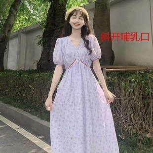 V领喂奶连衣裙G产后收腰显瘦气质碎花哺乳裙 哺乳衣外出辣妈款 夏季