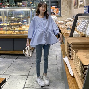 加肥加大码孕妇衬衫上衣春秋款短款小个子九分袖宽松娃娃衫200斤