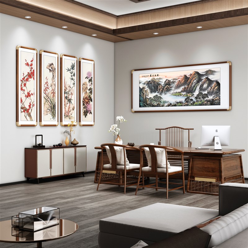 新中式客厅沙发背景墙四条t屏梅兰竹菊挂画茶室四联条屏壁画装饰