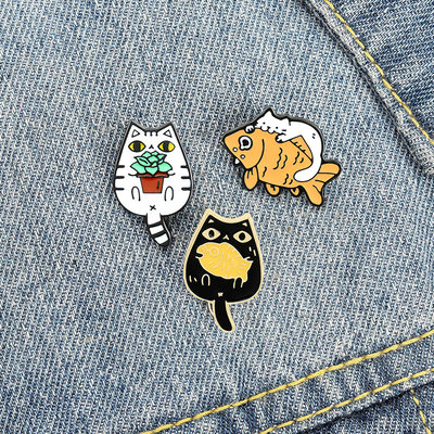 新品Cats & Goldfish Brooches Cute Doodle EnamelPins Badge Br