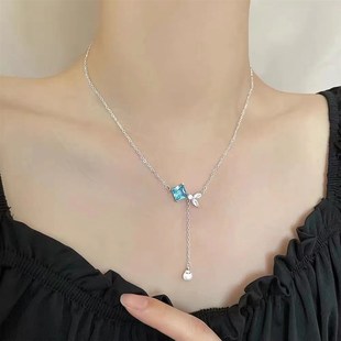 clavicle luxury 推荐 pearl blue zircon necklace Light for wom