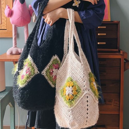 祖母方格菜篮子《杏仁奶茶》编织包材料包单肩包购物袋diy