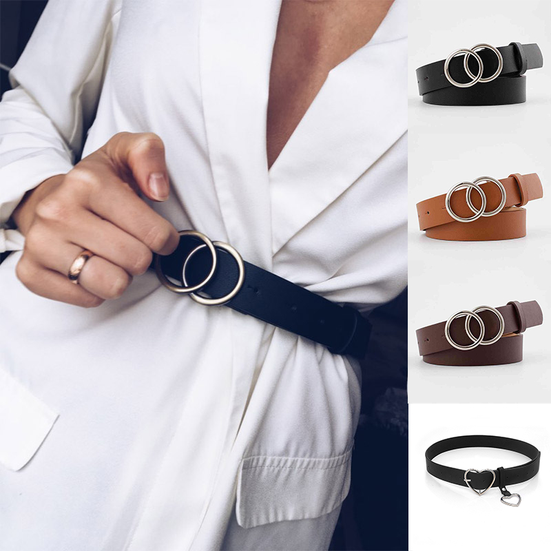 网红Double Ring Women Belt Fashion Waist Belt PU Leather Met