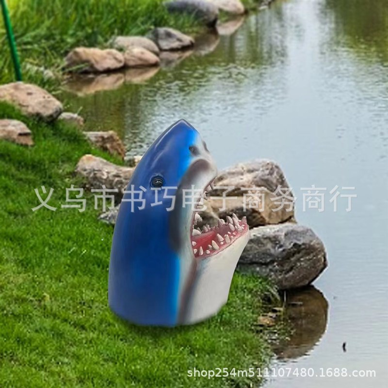 新款大白鲨花园卡通雕像r树脂3D鲨鱼头雕塑动物家居摆件鲨鱼恐龙