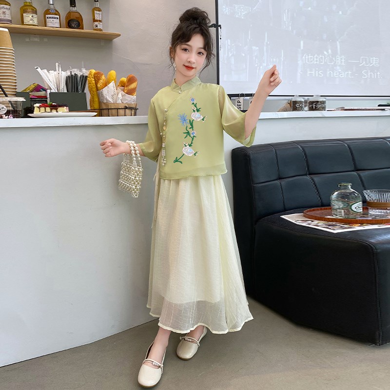热销女童中国风汉服套裙夏装儿童古装新中式薄款连衣裙女大童刺绣