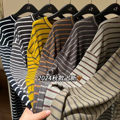 大7女77216秋季新款韩版宽松大码胖mm休闲慵懒风经典长袖条纹T恤