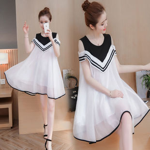 孕妇大码夏季雪纺连衣裙漏肩a字裙孕妇装套装中长款裙子宽松显瘦