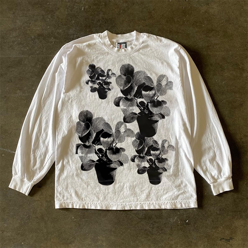 7vn7vn7vn! 300克重磅纯棉! 盆景花朵港风男女情侣款设计感长袖T