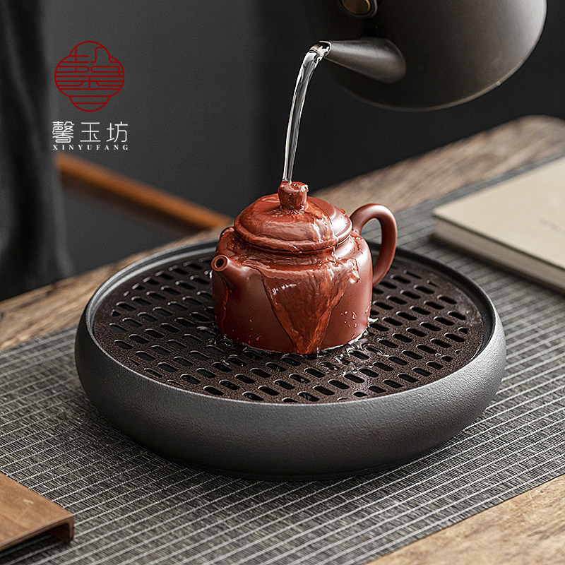 圆形储水式茶盘家用简约蓄水泡茶台功夫茶具茶海陶瓷干泡盘铜面板
