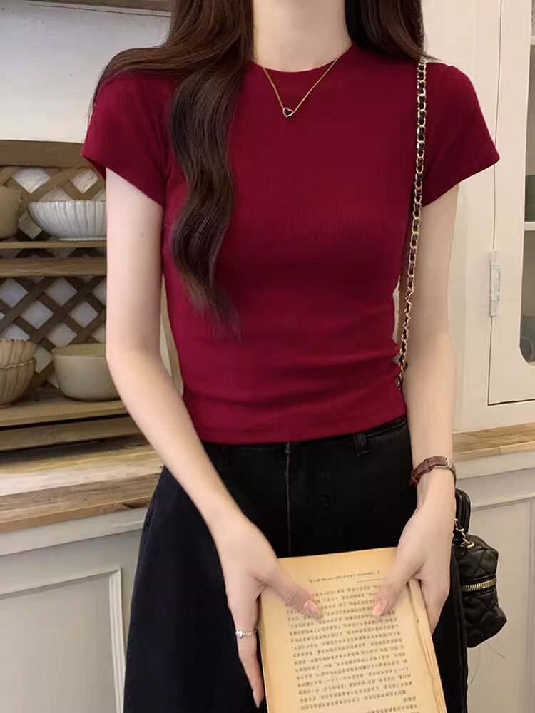 酒红色正肩短袖T恤女夏季洋气小个子修身甜辣圆领小飞袖体恤上衣