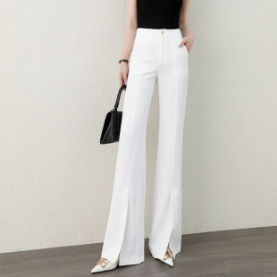 女2021新款 长裤 夏季 白色阔腿高腰垂感喇叭拖地西装 薄款 开叉微喇裤